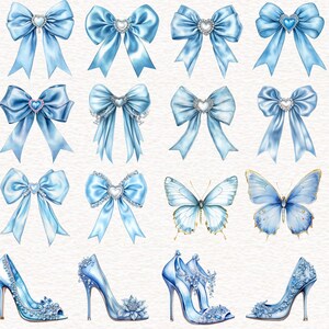May include: Watercolor illustration featuring various light blue bows with heart-shaped embellishments and butterflies. Also included are several pairs of high-heeled shoes with floral and crystal accents. The image has a romantic and elegant theme.