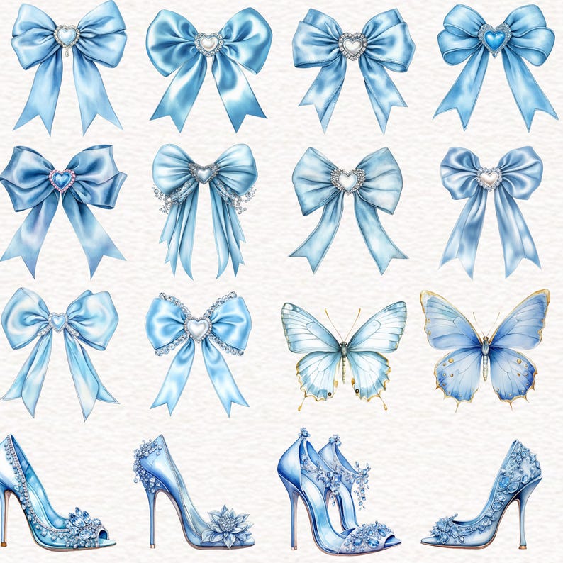 May include: Watercolor illustration featuring various light blue bows with heart-shaped embellishments and butterflies. Also included are several pairs of high-heeled shoes with floral and crystal accents. The image has a romantic and elegant theme.