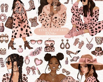 PINK Leopard Print Clipart Girly Fashion PNG Graphics  Watercolor Fashionista Chic Girl  Planner PNG Digital Download Cheetah women image