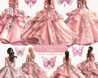 Pink Quinceanera clipart Pink Ball room princess image Beautiful girl pink butterfly Invitation Elements Quinceanera Clip art PNG