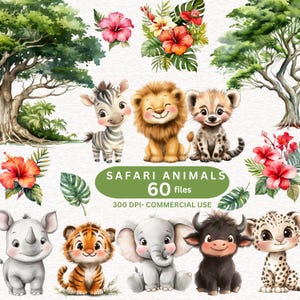 60  Safari Clipart, Cute Animals Clipart, Watercolor Forest Animal Clipart, Jungle Animals Clipart, Baby Shower Clipart Flower Clipart