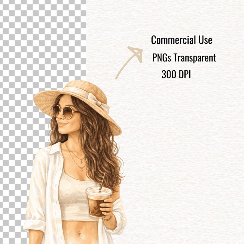 Pu&ograve; includere: Illustrazione ad acquerello di una donna con cappello di paglia, occhiali da sole e camicia bianca, che tiene in mano una bevanda al caff&egrave;. L'immagine include il testo "Commercial Use PNGs Transparent 300 DPI".