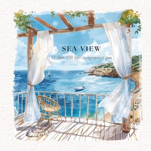 Watercolor Ocean Sea view clipart Beach Scene, Summer Seascape Png  Ocean Landscape Ocean Sea Breeze image, Travel Png Greece Italy Vacation