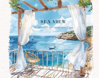 Imágenes prediseñadas de vista al mar con acuarela, escena de playa, paisaje marino de verano, imagen de brisa marina, viajes, Grecia, Italia, vacaciones