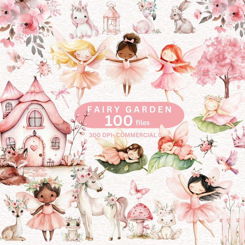100 Pink Fairy Garden Clipart Watercolor Fairy Clipart Cute Little Girl ...