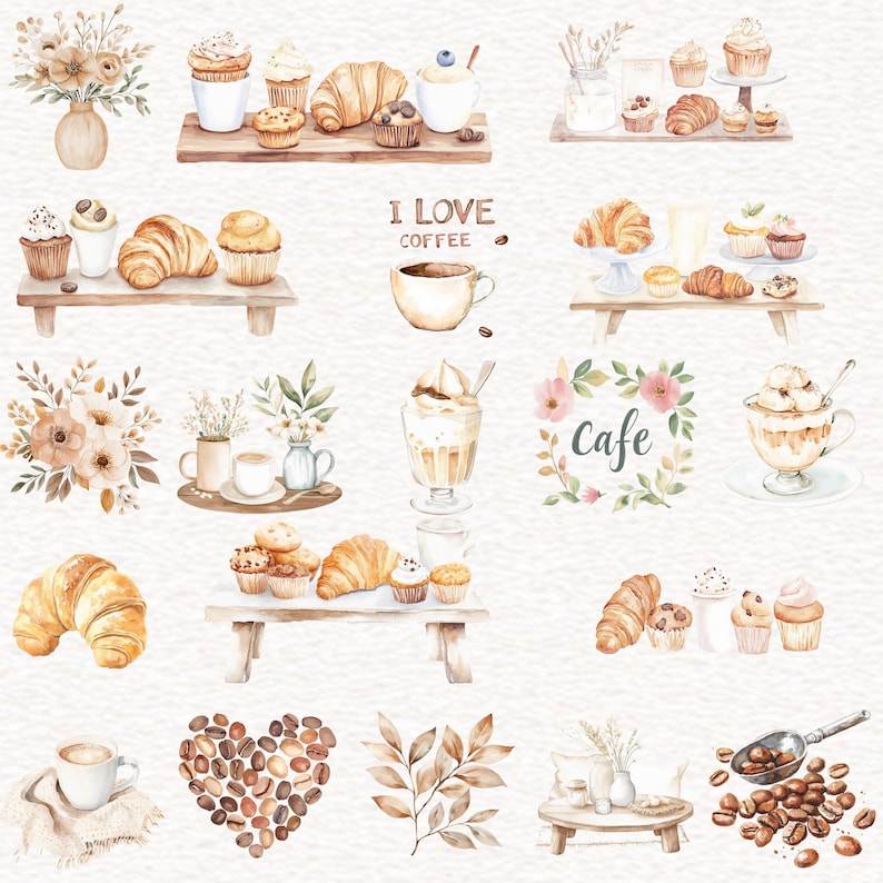 Coffee Cafe Clipart Boho Lover Clipart Watercolor Cozy Coffee Shop Clip ...
