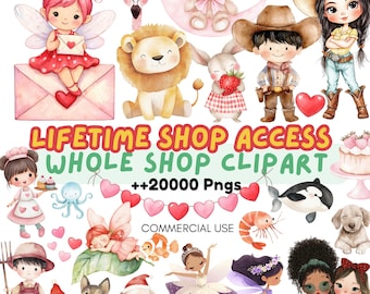 May include: A collection of watercolour clipart illustrations, including a fairy, lion, cowboy, and animals. The text "LIFETIME SHOP ACCESS WHOLE SHOP CLIPART ++20000 Pngs" is displayed. The image is suitable for commercial use.
