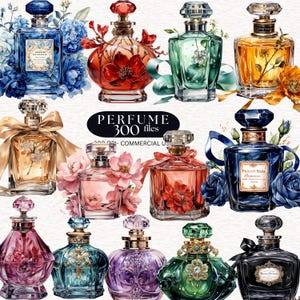 300 frascos de perfume vintage, clipart de acuarela, clipart de perfume floral, clipart de botella de perfume rosa azul, clipart de botella de perfume rosa PNG