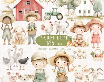 165 Watercolor Farm Animals Clipart Cute Kid Farm Life Clip art Animal Clipart  Horse Pig Cow Chicken Baby Animals Clipart  Barn Clipart Png