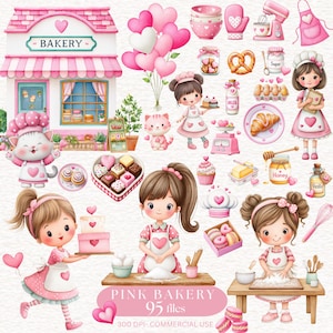 Valentine Baking Clipart Pink Baking Png Cute Little Bakers Watercolor Baker Girl Mixer, Cupcake Baking Utensils Little Chef Dessert Clipart