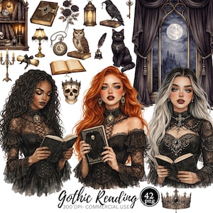 May include: A watercolour illustration with three women in gothic dresses reading books. The image includes gothic elements such as a crow, skull, books, and a moonlit window. The text "Gothic Reading" is displayed at the bottom.