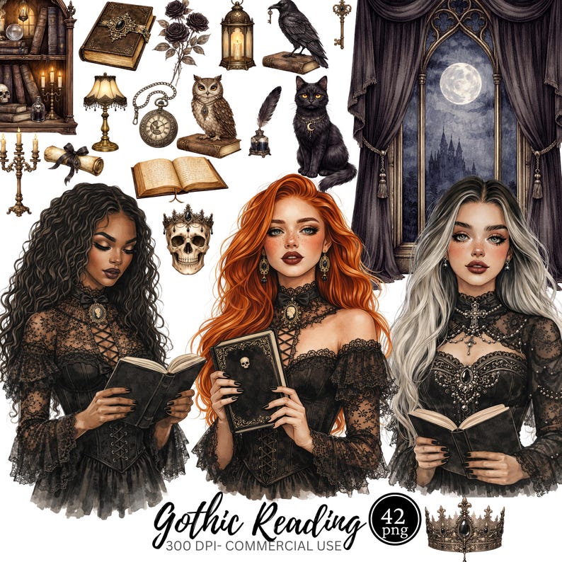Gothic Reading Book Lovers Clipart, Watercolor Bookworm Clipart ...