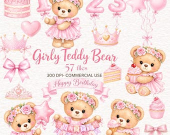 Pink  Girly Teddy Bear Clipart Watercolor Nursery Baby Shower Girl Graphics Blush Pink Bear Invitation BIRTHDAY Decor Cute Teddy Bear png