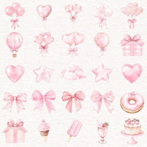 Puede incluir: Ilustraciones en acuarela de globos, lazos, corazones, estrellas, un globo aerost&aacute;tico, regalos, una rosquilla, helado, un batido y una tarta rosas. Las im&aacute;genes tienen una est&eacute;tica pastel suave, ideal para decoraciones de fiesta.