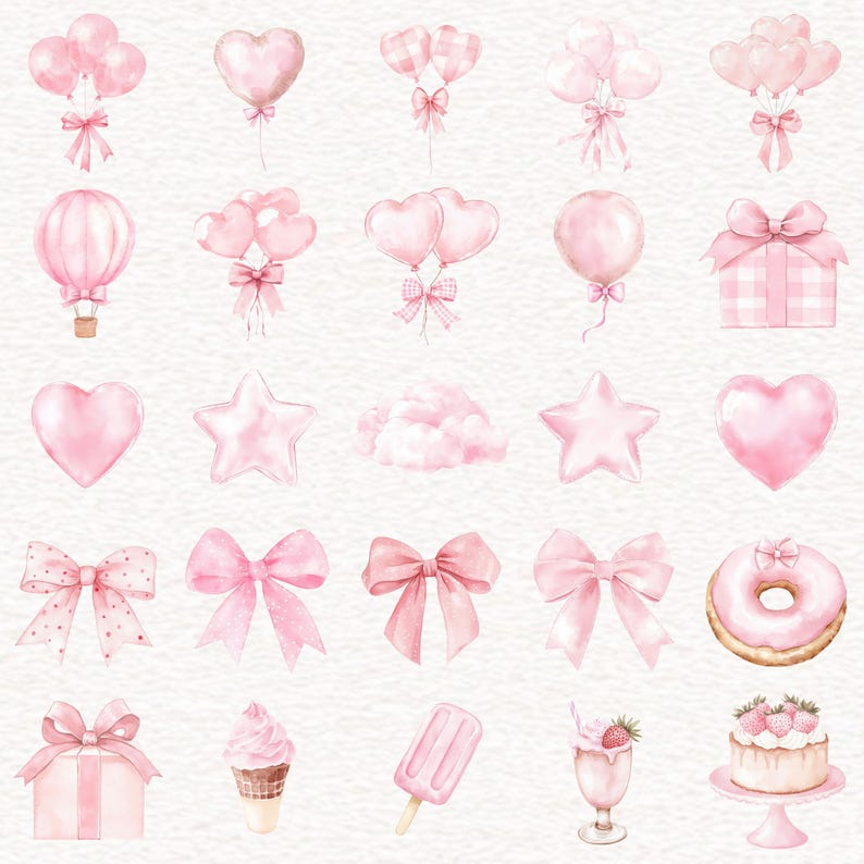 Puede incluir: Ilustraciones en acuarela de globos, lazos, corazones, estrellas, un globo aerost&aacute;tico, regalos, una rosquilla, helado, un batido y una tarta rosas. Las im&aacute;genes tienen una est&eacute;tica pastel suave, ideal para decoraciones de fiesta.