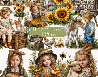 Watercolor Farm Clipart Cute Farm Girl Clipart Animal Clip art Rustic Farm Bee Horse Pig Cow Baby Animals Clipart Barn Clipart Barnyard Png