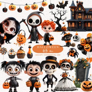 65 Watercolor Halloween Clipart Witch Pumpkin Kid  Cute 2D Halloween PNG Little Ghost Cat Spider Bat Png Halloween haunted house Clipart