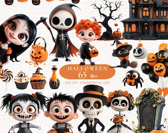 65 Watercolor Halloween Clipart Witch Pumpkin Kid  Cute 2D Halloween PNG Little Ghost Cat Spider Bat Png Halloween haunted house Clipart