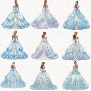 May include: Nine illustrations of off-the-shoulder ball gowns in shades of blue. The gowns feature intricate lace, embroidery, and layered skirts. Each illustration showcases a different design, with variations in color and embellishments.