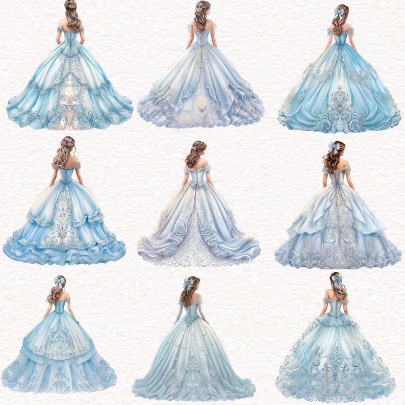 May include: Nine illustrations of off-the-shoulder ball gowns in shades of blue. The gowns feature intricate lace, embroidery, and layered skirts. Each illustration showcases a different design, with variations in color and embellishments.