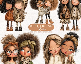 May include: Digital illustration featuring multiple pairs of cartoon girls in various outfits, including leopard print dresses, sweaters, and hats. The image includes the text "BEST FRIEND 35 files 300 DPI- COMMERCIAL USE."