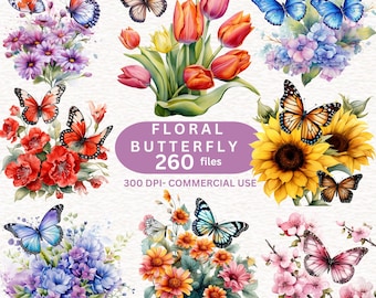 260 Watercolor Floral Butterfly Clipart , Animal Clipart, Floral Clipart, Summer Butterfly  Clipart, Flowers Clipart, Nursery Birthday Party