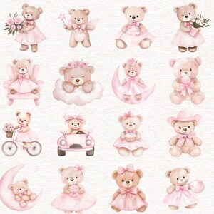 Puede incluir: Ilustraciones en acuarela de osos de peluche en varias poses. Los osos visten vestidos rosas, sostienen flores, montan en bicicleta y est&aacute;n sentados en una luna creciente. Algunos osos tienen lazos y accesorios.
