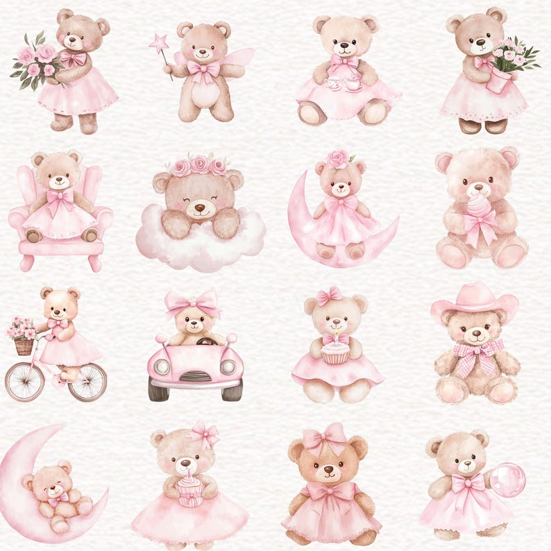 Puede incluir: Ilustraciones en acuarela de osos de peluche en varias poses. Los osos visten vestidos rosas, sostienen flores, montan en bicicleta y est&aacute;n sentados en una luna creciente. Algunos osos tienen lazos y accesorios.