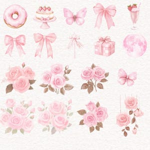 Puede incluir: Ilustraci&oacute;n en acuarela con una colecci&oacute;n de elementos rosas. Incluye una rosquilla, pastel, mariposa, lazos, batido, caja de regalo y rosas. La imagen tiene una est&eacute;tica suave y rom&aacute;ntica, perfecta para papeler&iacute;a o dise&ntilde;os decorativos.