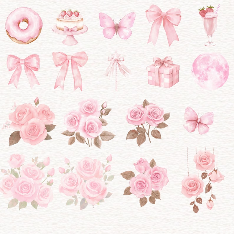 Puede incluir: Ilustraci&oacute;n en acuarela con una colecci&oacute;n de elementos rosas. Incluye una rosquilla, pastel, mariposa, lazos, batido, caja de regalo y rosas. La imagen tiene una est&eacute;tica suave y rom&aacute;ntica, perfecta para papeler&iacute;a o dise&ntilde;os decorativos.