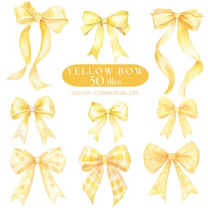Może przedstawiać: Kolekcja dziewięciu żółtych kokard w stylu akwareli w różnych wzorach. Niektóre kokardy mają wzory serc lub księżyców. Obraz zawiera tekst "YELLOW BOW 50 FILES" i "300 DPI - COMMERCIAL USE".