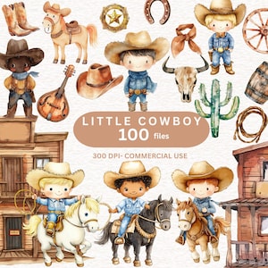 100 imágenes prediseñadas de vaqueros lindos, imágenes prediseñadas de acuarela de bebé del oeste, imágenes prediseñadas de cumpleaños de rodeo, pequeño vaquero digital, bebé vaquero, cactus y botas