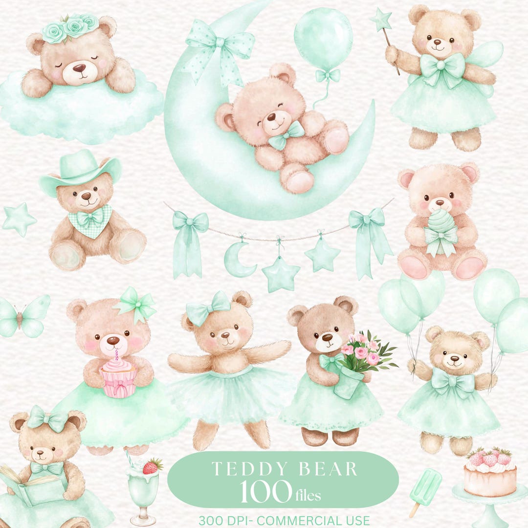 MINT Green Teddy Bear Clipart Watercolor Nursery Baby Shower Girl ...