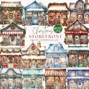400 Christmas Storefront Clipart Bundle Watercolor Christmas Shop Clip Art Winter Clipart Holiday Shop image Christmas Store Watercolor PNG