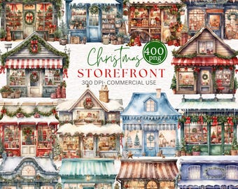 400 Christmas Storefront Clipart Bundle Watercolor Christmas Shop Clip Art Winter Clipart Holiday Shop image Christmas Store Watercolor PNG
