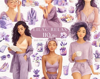 Lilac Relax Day Clipart watercolor Spa clipart chill beautiful woman pastel purple selfcare clipart lazy day clipart cozy lilac flowers png