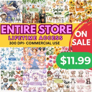 Accesso a vita al negozio, pacchetto clipart dell'intero negozio, pacchetto dell'intero negozio, clipart acquerello, clipart animali, clipart fiori, clipart bambino carino