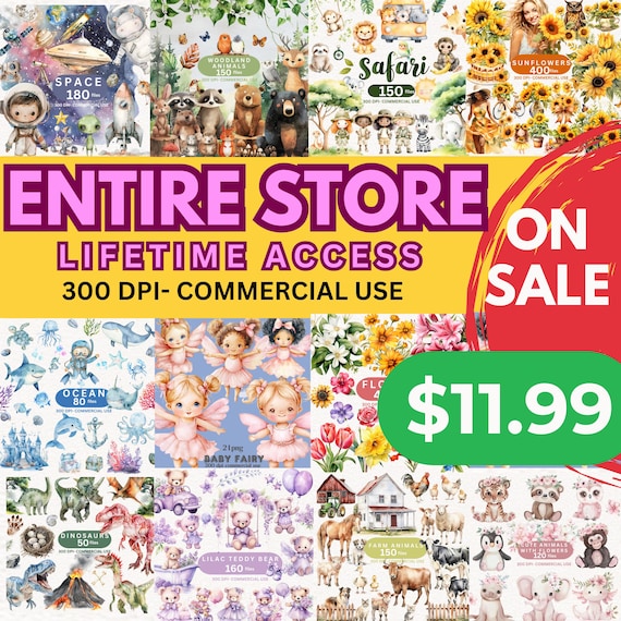 Lifetime Shop Access, Whole Shop Clipart Bundle, Entire Store Bundle, Watercolor Clipart, Animals Clipart, flower Clipart, Cute Baby Clipart