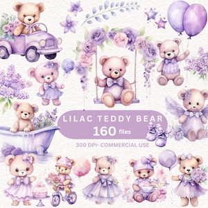 160 imágenes prediseñadas de oso de peluche lila de acuarela, imágenes prediseñadas de guardería, imágenes prediseñadas de baby shower para un niño y una niña, decoración de guardería, oso de peluche lavanda PNG