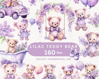 160  Watercolor Lilac Teddy Bear Clipart , Nursery Clipart, Baby shower clipart for a boy & a girl, Nursery Decor, Lavender Teddy Bear  PNG
