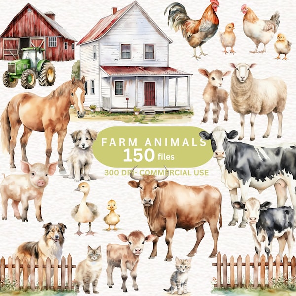 150 Watercolor Farm Animals Clipart, Cute Farm Clipart, Animal Clipart, Rustic Farm, Horse, Pig, Cow, Baby Animals Clipart , Barn Clipart