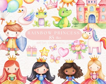 Watercolor Rainbow Princess clipart colorful Princess Baby Princess Birthday Graphic Colorful Unicorn Birthday Nursery Png Castle clip art