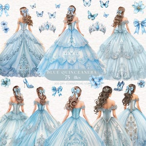 Blå Quinceanera clipart akvarell blå balrum prinsessbild fjäril tiara krona rosett Quinceanera dusty blue flower PNG kommersiellt bruk