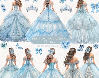 Blue Quinceanera clipart watercolor Blue Ball room princess image butterfly Tiara Crown bow Quinceanera Dusty Blue Flower PNG Commercial use
