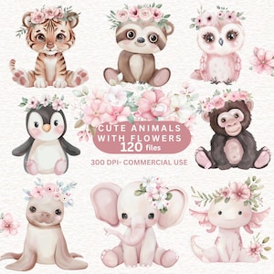 120 Aquarell niedliche Baby Tier Clipart, Floral Tier Clipart, Safari Tiere, PNG Kinderzimmer Blumen Clipart, Mädchen-Geburtstagsfeier