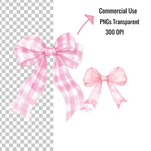 Pu&ograve; includere: Due fiocchi ad acquerello nei toni del rosa. Un fiocco presenta un motivo a quadretti, mentre l'altro ha pois bianchi. L'immagine include il testo "Commercial Use PNGs Transparent 300 DPI".