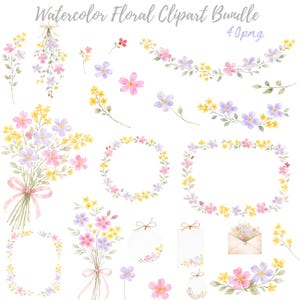 May include: Watercolor floral clipart bundle featuring various arrangements of pink, yellow, and purple flowers. Includes bouquets, wreaths, and individual floral elements. The text "Watercolor Floral Clipart Bundle 40 png" is at the top.