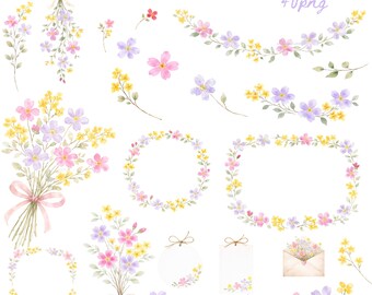 Watercolor Wildflowers Wild Floral Clipart Floral border Field Flowers PNG Colorful Bouquets Wreath Floral Frames Summer Spring Flower image