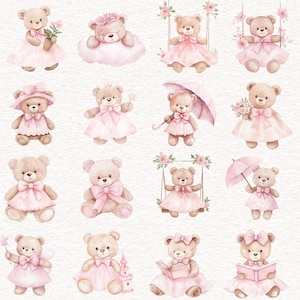 Puede incluir: Ilustraciones en acuarela de osos de peluche en varias poses. Cada oso lleva un vestido rosa y est&aacute; adornado con accesorios como flores, lazos y paraguas. Algunos osos est&aacute;n en columpios o sosteniendo accesorios, creando una est&eacute;tica caprichosa y encantadora.