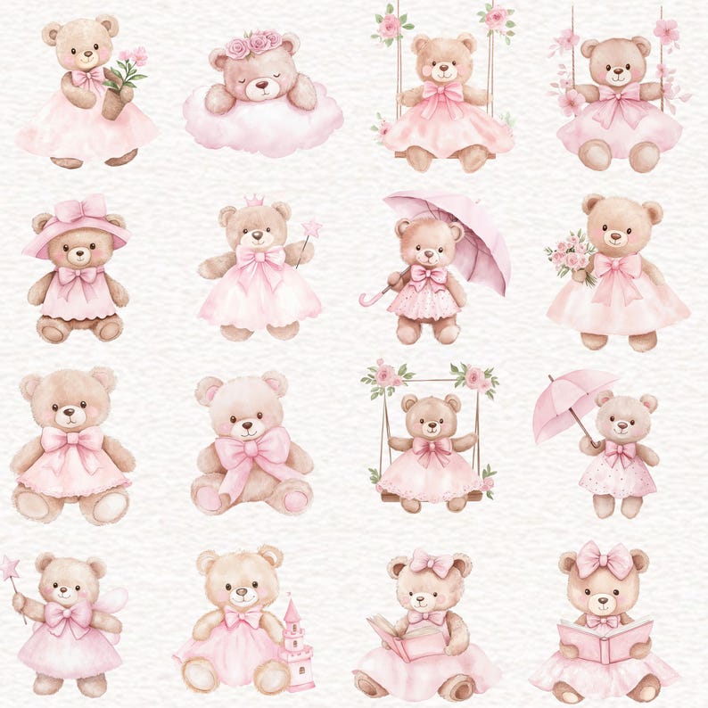 Puede incluir: Ilustraciones en acuarela de osos de peluche en varias poses. Cada oso lleva un vestido rosa y est&aacute; adornado con accesorios como flores, lazos y paraguas. Algunos osos est&aacute;n en columpios o sosteniendo accesorios, creando una est&eacute;tica caprichosa y encantadora.